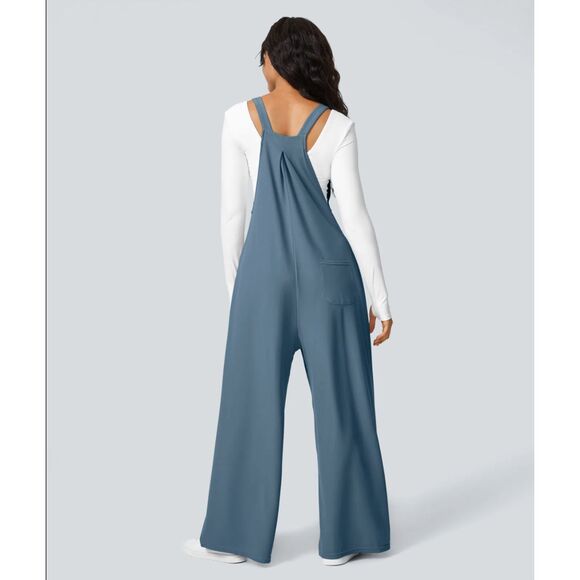 Halara Overalls L Petite Adjustable Strap Button Multiple Pockets Waffle Casual - Picture 3 of 10